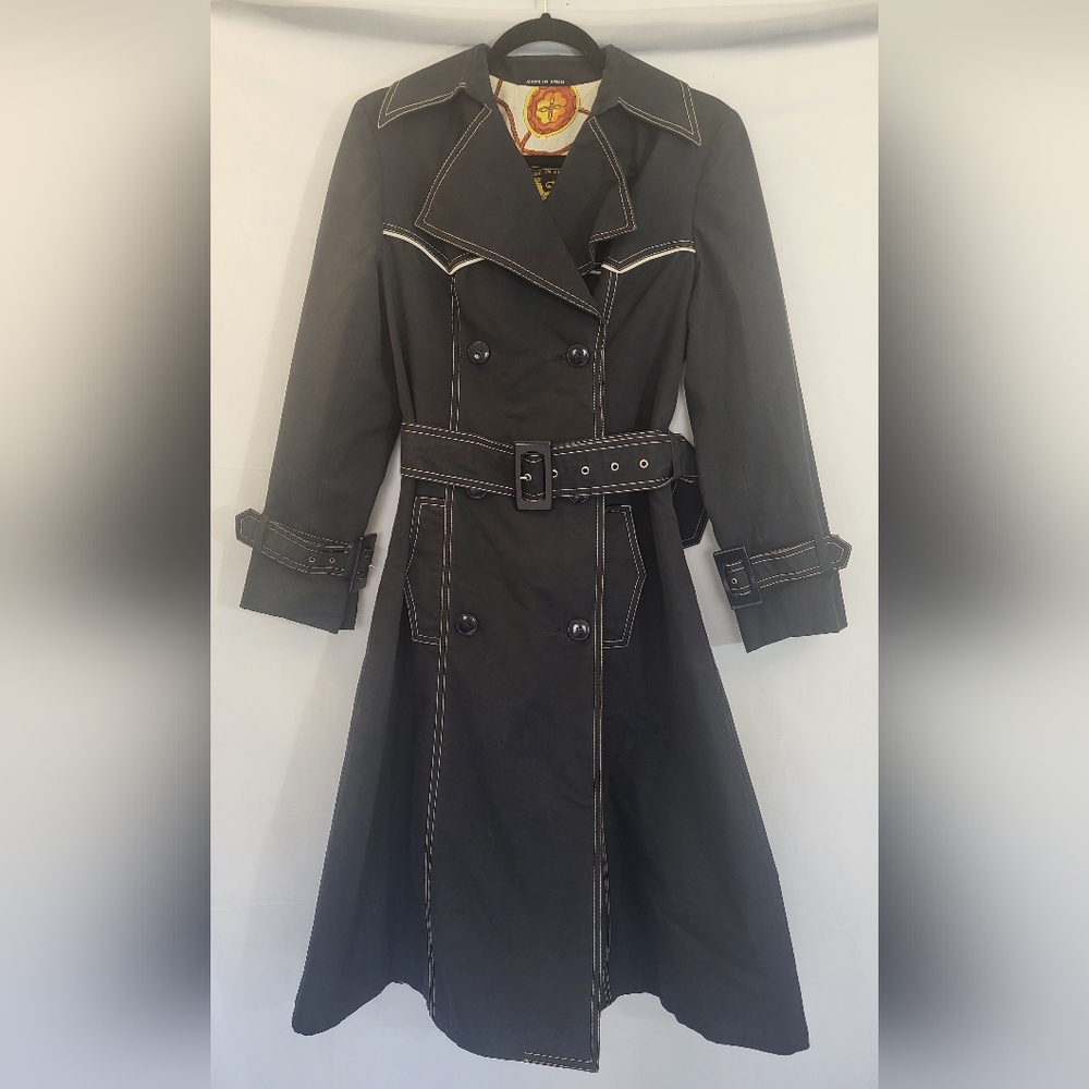 Vintage INDUYCO Made in Spain Western Contrast Stitch Navy Trench Coat sz 10